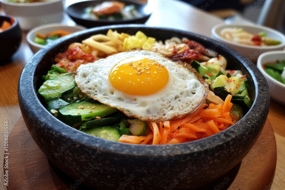 Korean food bibimbap with vegetables and fried egg - generative ai Korean food bibimbap with vegetables and fried egg - generative ai