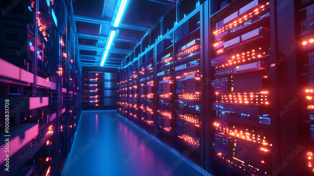 A high-tech server room filled with mining rigs generating cryptocurrency with glowing lights A high-tech server room filled with mining rigs generating cryptocurrency with glowing lights