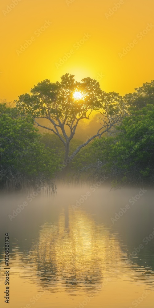 A tree is reflected in the water of a lake. The sun is setting, casting a warm glow over the scene. The water is calm and still, creating a peaceful atmosphere A tree is reflected in the water of a lake. The sun is setting, casting a warm glow over the scene. The water is calm and still, creating a peaceful atmosphere