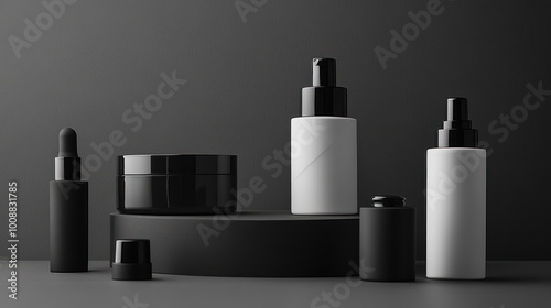 A collection of makeup products are displayed on a black and white background