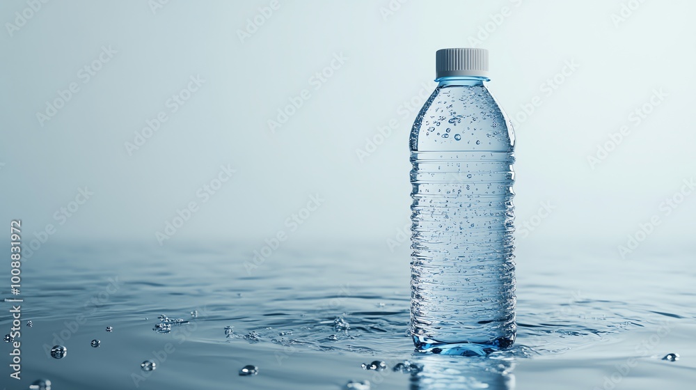A plastic water bottle with condensation on a blue background with water droplets. A plastic water bottle with condensation on a blue background with water droplets.