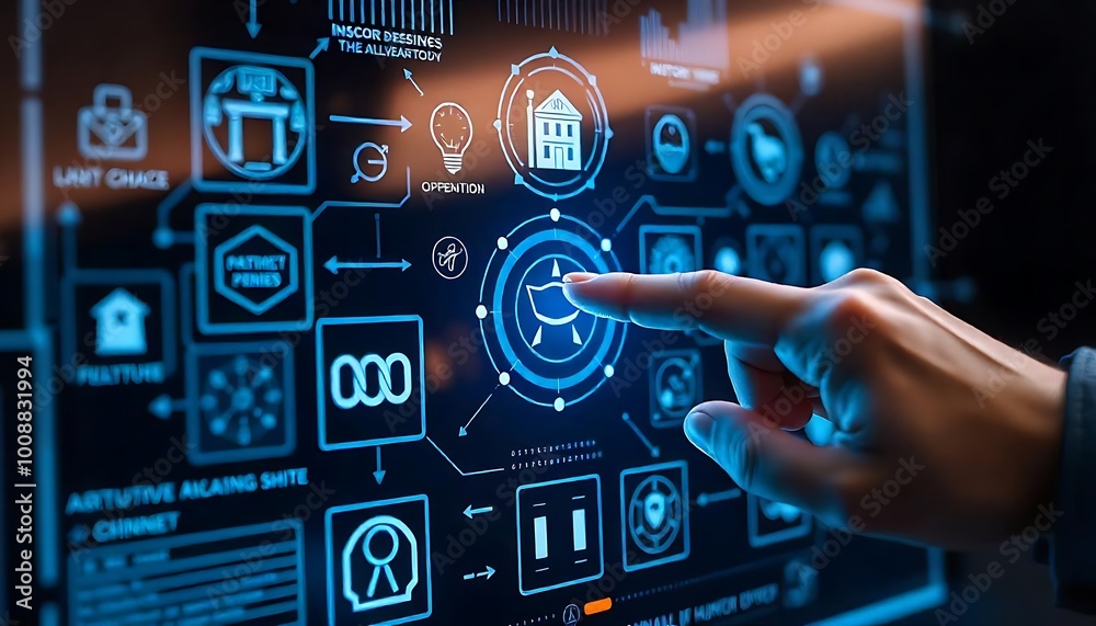 A hand pointing at a futuristic digital interface with various icons and symbols, set against a dark, high-tech background A hand pointing at a futuristic digital interface with various icons and symbols, set against a dark, high-tech background