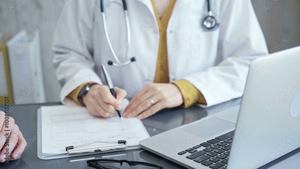 Doctor completing paperwork with patient. Close-up of a doctor's hands with forms, imparting information to a laptop. Medicine and health care concept Doctor completing paperwork with patient. Close-up of a doctor's hands with forms, imparting information to a laptop. Medicine and health care concept