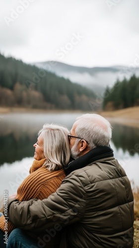 A couple enjoying a serene moment by a lake, surrounded by mountains and nature.