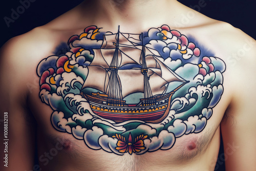 Old school tattoo of a ship sailing through stormy seas, bold lines and vibrant colors, placed on the chest. photo