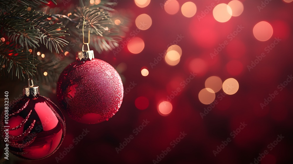 Close-Up of Red Christmas Baubles on Tree with Warm Festive Bokeh Background_1 Close-Up of Red Christmas Baubles on Tree with Warm Festive Bokeh Background_1