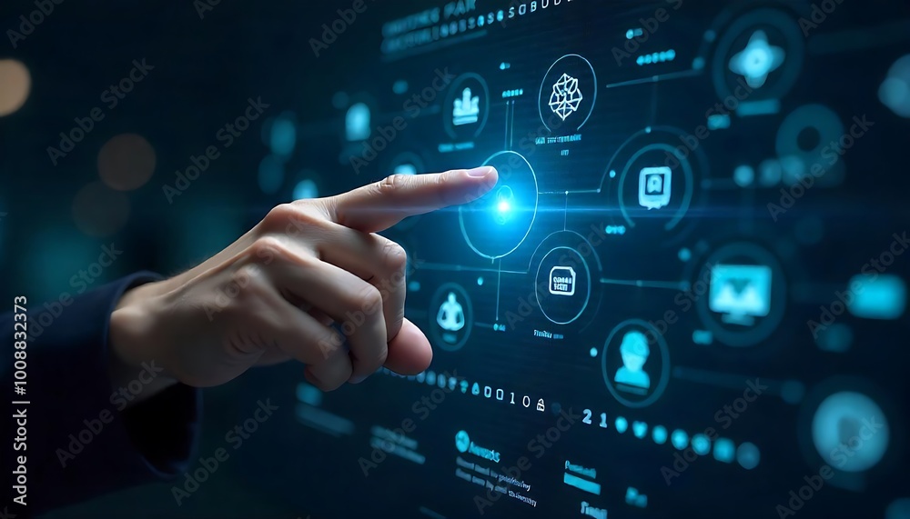 A hand pointing at a futuristic digital interface with various icons and symbols, set against a dark, high-tech background A hand pointing at a futuristic digital interface with various icons and symbols, set against a dark, high-tech background