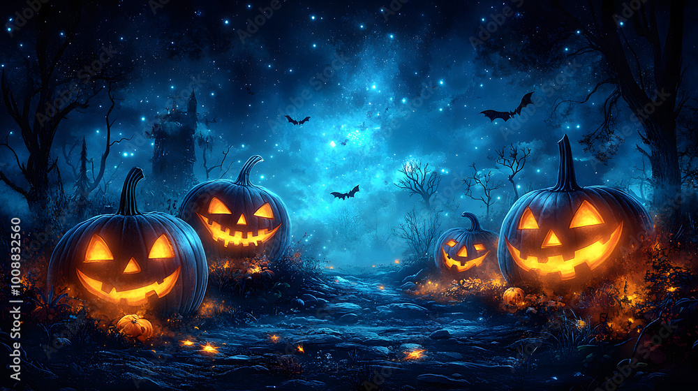 Fototapeta premium Colorful Halloween party flyer template with cartoon pumpkins, glowing jack-o-lanterns, and festive decorations