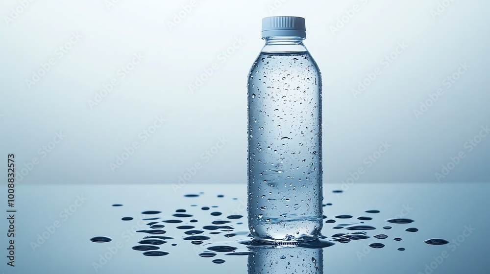 A bottle of water with condensation on a blue surface. A bottle of water with condensation on a blue surface.