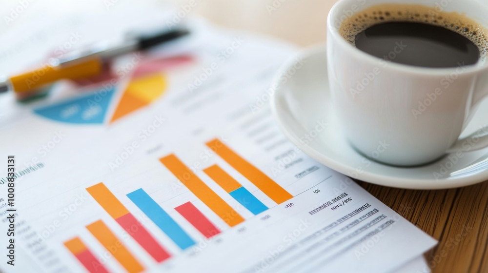 Business Analysis with Coffee and Charts on Table Business Analysis with Coffee and Charts on Table