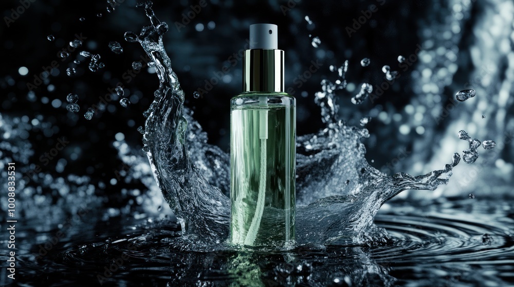 A bottle of perfume is in the middle of a splash of water A bottle of perfume is in the middle of a splash of water