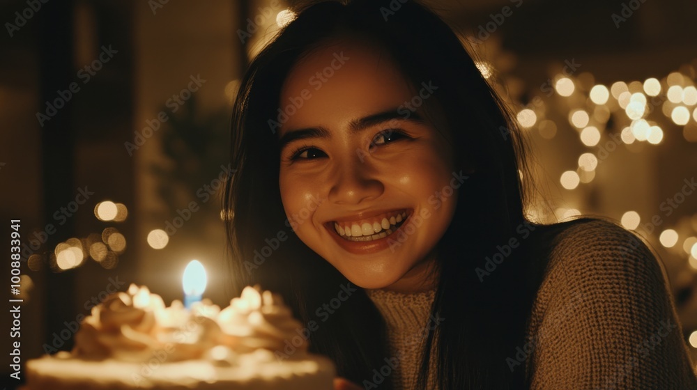 Wearing a soft sweater, a young woman smiles while holding a birthday cake with a flickering candle, surrounded by warmth and joy. Wearing a soft sweater, a young woman smiles while holding a birthday cake with a flickering candle, surrounded by warmth and joy.