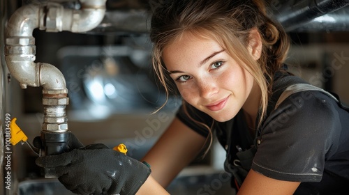 Wallpaper Mural A graceful woman working as a plumber, fixing large pipes under a kitchen sink Torontodigital.ca