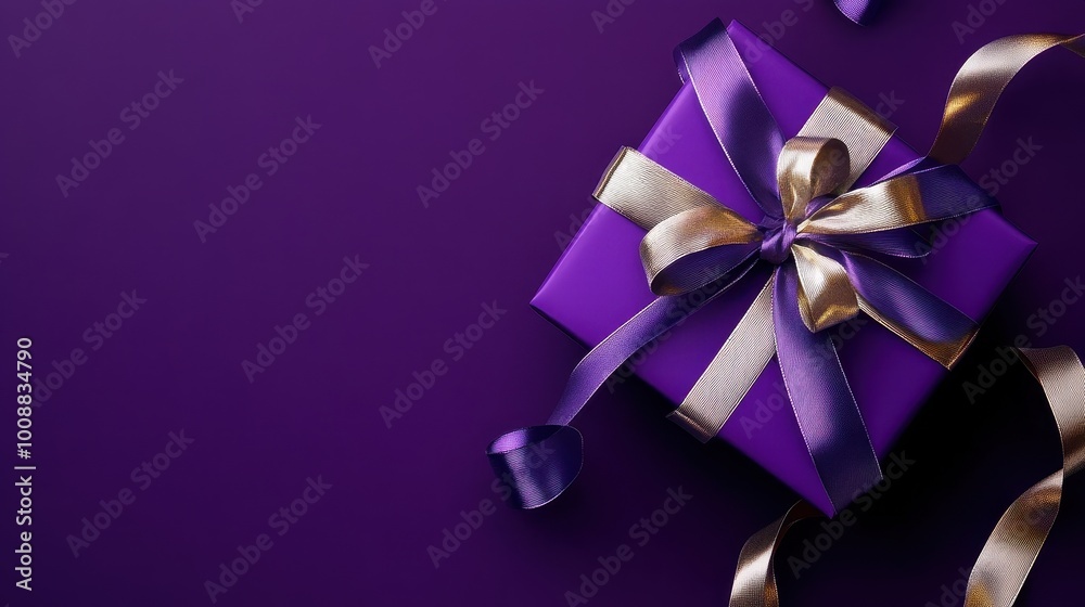 Elegant Purple Gift Box with Golden Ribbon on Dark Background Elegant Purple Gift Box with Golden Ribbon on Dark Background