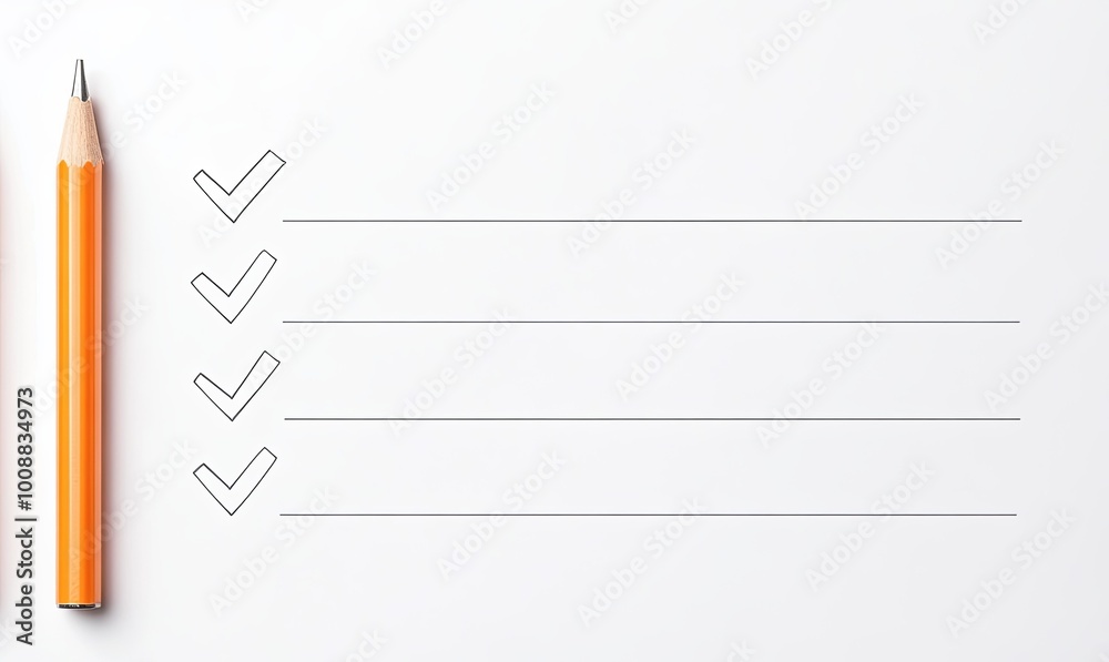 A simple checklist on a white background, with a pencil positioned beside it, ready for note-taking or task completion. A simple checklist on a white background, with a pencil positioned beside it, ready for note-taking or task completion.