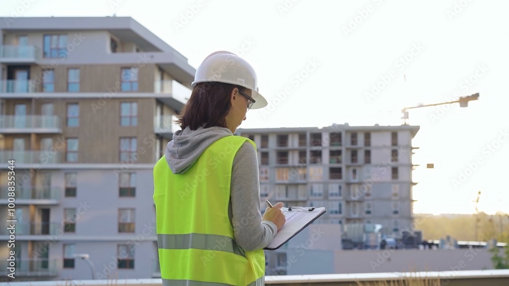 Woman engineer with a hard hat and safety vest is writing on a clipboard while inspecting a construction site at sunset Woman engineer with a hard hat and safety vest is writing on a clipboard while inspecting a construction site at sunset