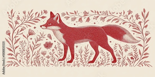 A stylized red fox stands a...