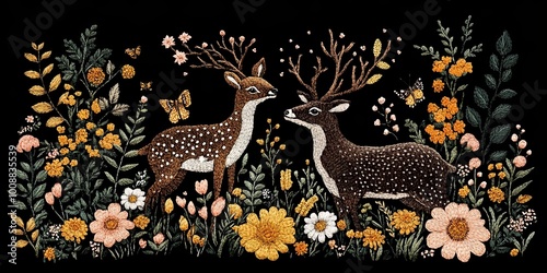 Two deer adorned with antle...