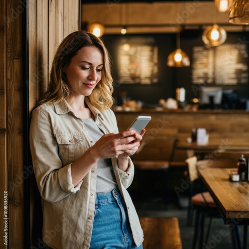 A beautiful Caucasian woman holding her smart phone and smiling inside a coffee shop, creating a relaxed atmosphere