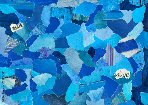 Blue colour inspiration collage mood board of waste paper from magazines and advertisement paper.