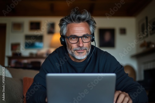 A man with glasses and a headset focused on his laptop in a warm and cozy home office setting, surrounded by books and wooden interior elements suggesting productivity.