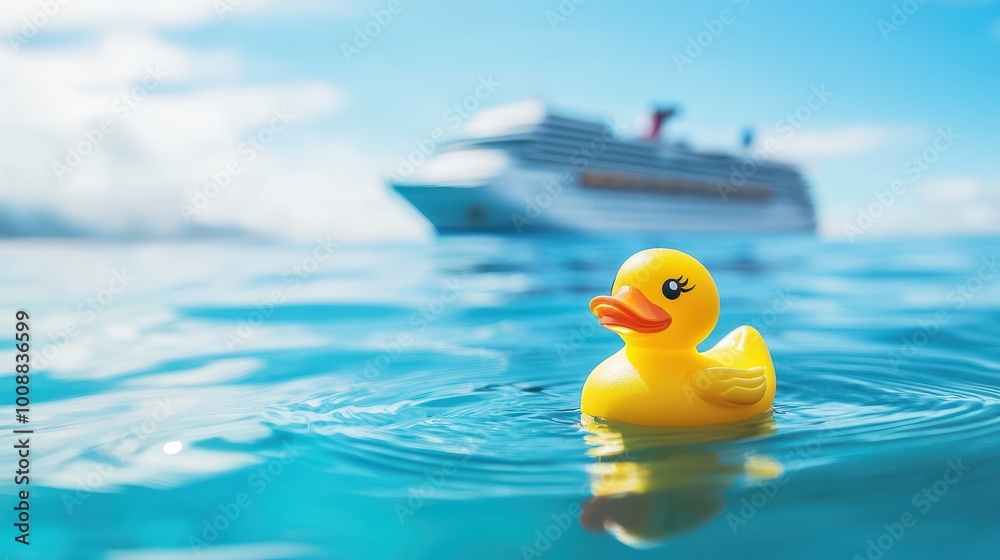 Rubber Duck Floating in Water with a Cruise Ship - Ideal for Travel and Relaxation Themes Rubber Duck Floating in Water with a Cruise Ship - Ideal for Travel and Relaxation Themes