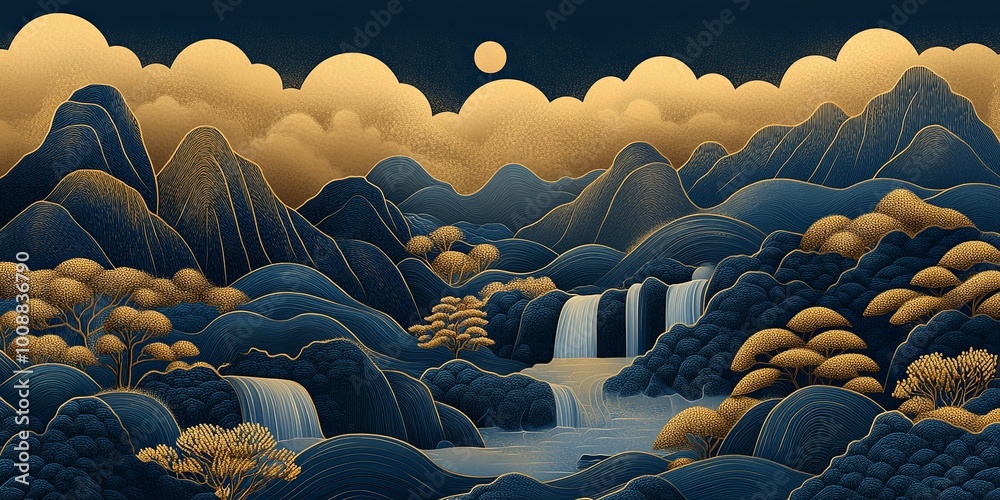 Obraz premium A serene landscape featuring rolling hills, waterfalls, and lush vegetation, bathed in warm hues under a moonlit sky with dramatic clouds.
