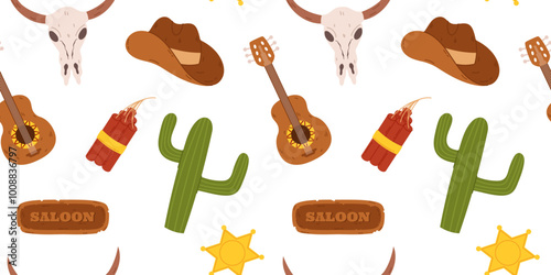 Seamless pattern western elements cowboy hats, cacti, guitars, bull skulls, dynamite sticks, and sheriff badges. Design is perfect for use in textiles, wallpapers, and other Wild West theme