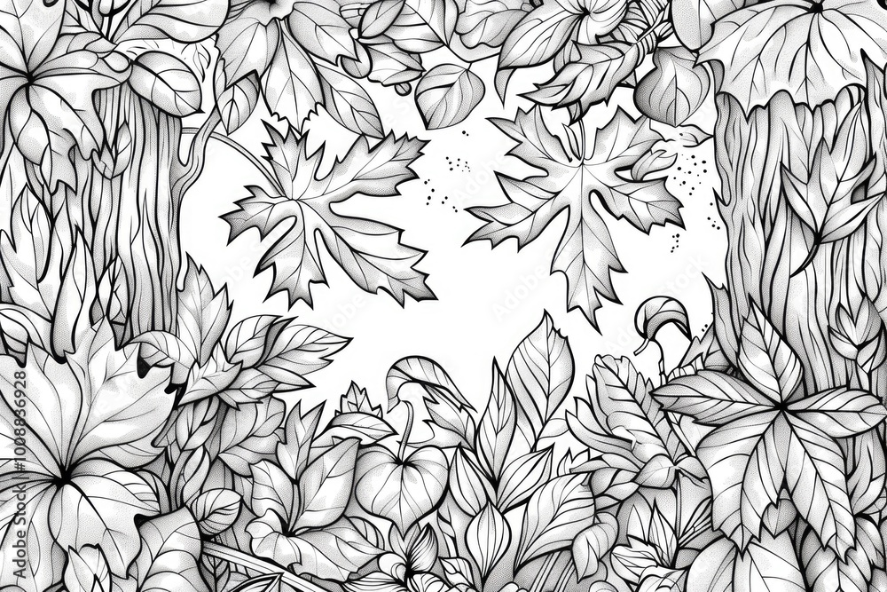 Fototapeta premium Coloring book illustration of vibrant autumn foliage in a forest setting