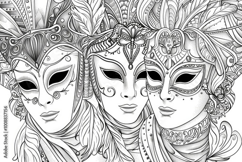 Coloring book illustration of elegant masks at a festive carnival photo