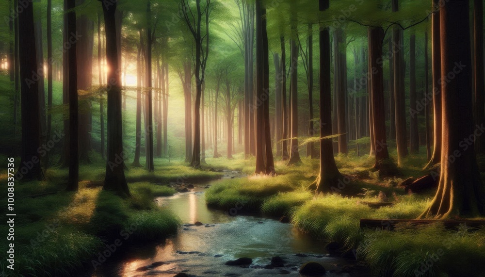 Obraz premium A serene forest landscape with tall trees, soft sunlight filtering through the leaves, and a gentle stream flowing through the center.