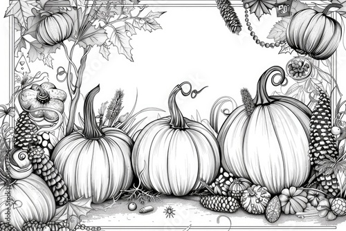 Wallpaper Mural Coloring book illustration of rustic pumpkins surrounded by natural autumn elements and decorations Torontodigital.ca