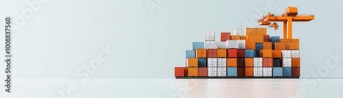 A cargo ship stacked with colorful shipping containers, showcasing logistics and transportation on a minimalist background.