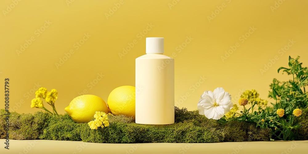 A minimalist yellow scene featuring a shampoo bottle surrounded by lemons and vibrant flowers, evoking freshness and natural beauty. A minimalist yellow scene featuring a shampoo bottle surrounded by lemons and vibrant flowers, evoking freshness and natural beauty.