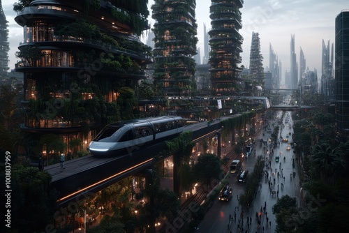 A futuristic train swiftly moves through a sustainable city with abundant greenery, showcasing modern architecture and commitment to the environment and innovation. photo