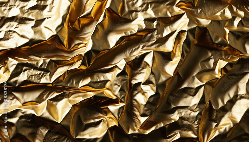 Textured gold foil with crinkled, uneven surfaces catching light at different angles Textured gold foil with crinkled, uneven surfaces catching light at different angles