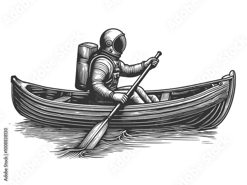 Astronaut spaceman rowing in wooden boat sketch engraving vector illustration. Scratch board style imitation. Black and white hand drawn style generative ai image. 