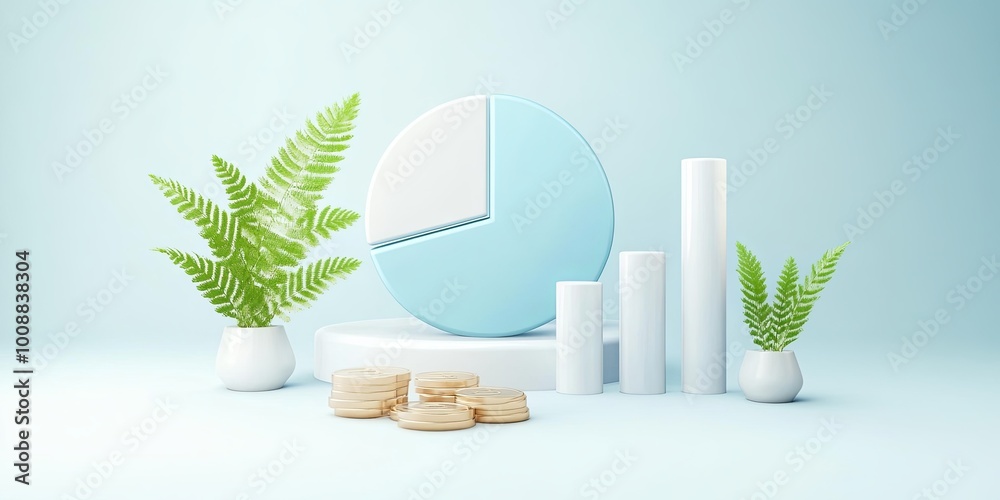 A modern composition featuring a pie chart, bar graphs, and ferns, symbolizing data analysis and growth in a serene blue setting.