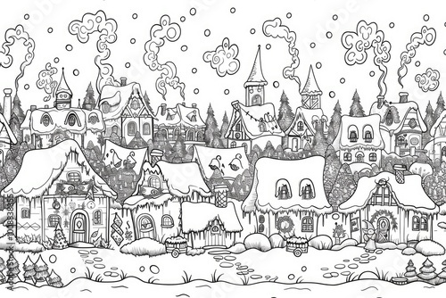 Wallpaper Mural coloring book illustration of a highly detailed panoramic magical scene of a quaint snowy village on a festive night cozy cottages decorated for the holiday season with smoke rising from their chim Torontodigital.ca