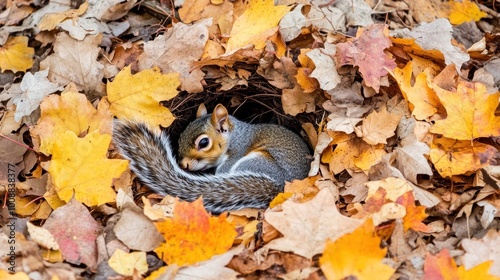 A squirrel nestled among colorful autumn leaves, showcasing nature's beauty.