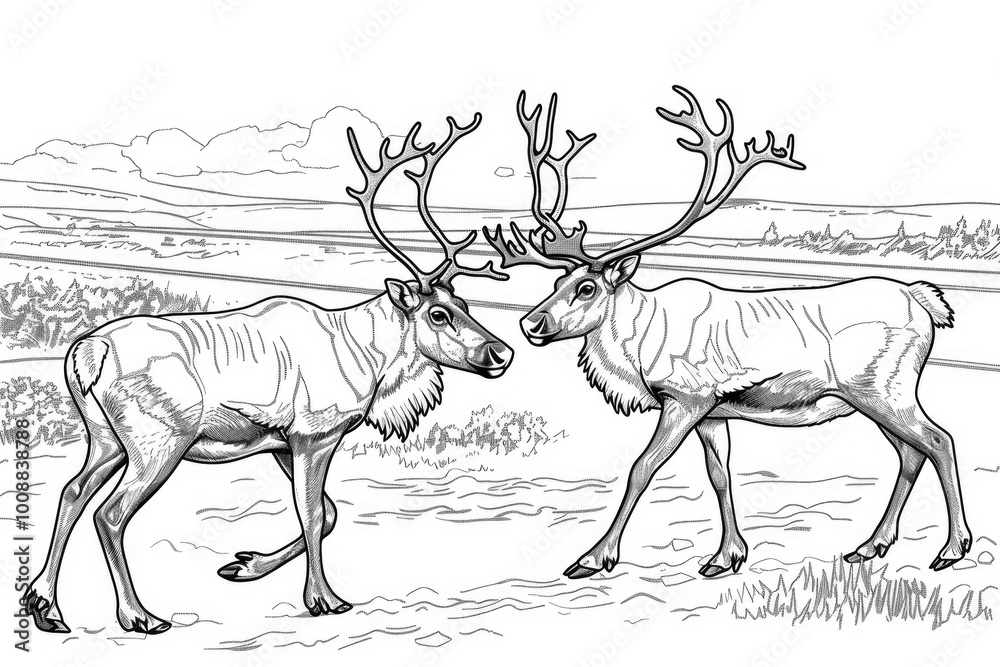 Fototapeta premium Coloring book illustration of two reindeers by the roadside