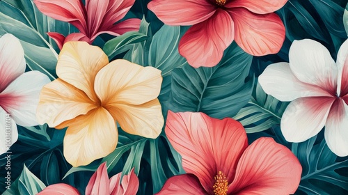 Vibrant tropical flowers with lush green leaves on a dark background.