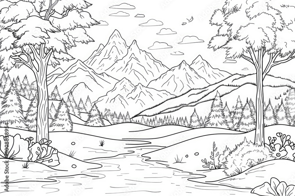 Coloring book illustration of snow covered mountains on a winter day Coloring book illustration of snow covered mountains on a winter day