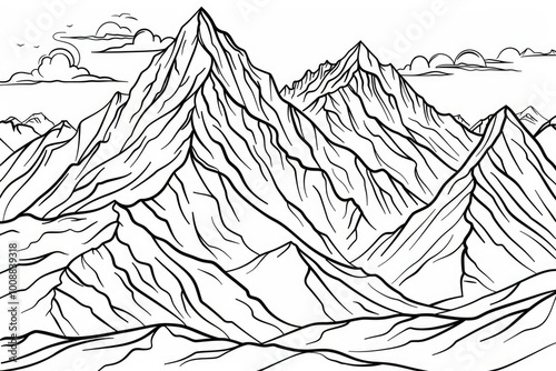 Coloring book illustration of snowy mountains during golden hour with a summit elevation