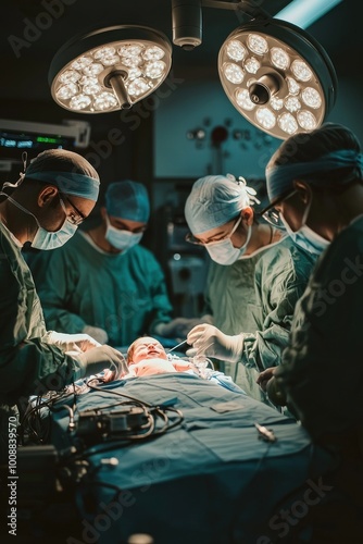 Newborn baby in operating room, hands and feet visible. Newborn baby is held by medical staff during birth. This photo was taken from the center of the operating room, which was filled with doctors  photo