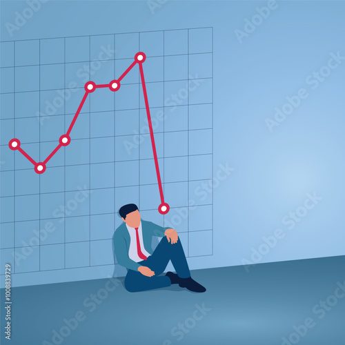A man sits dejectedly in front of a plummeting stock market chart, illustration for a downward trend, economic crisis, falling market, stock market crash.