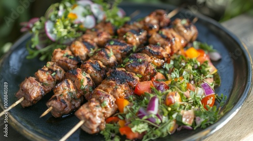 Grilled Skewers with Fresh Salad on a Dark Plate