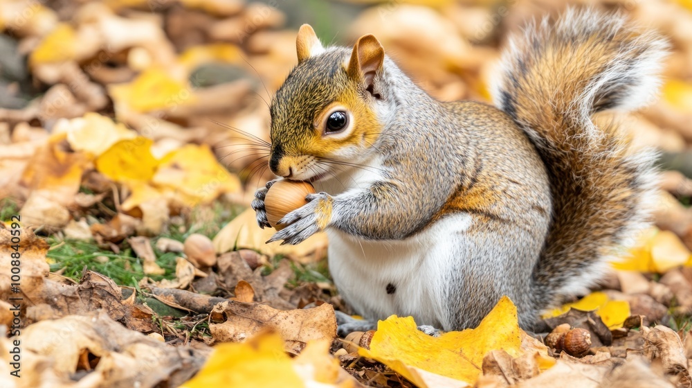 Fototapeta premium A squirrel holding an acorn amidst autumn leaves.