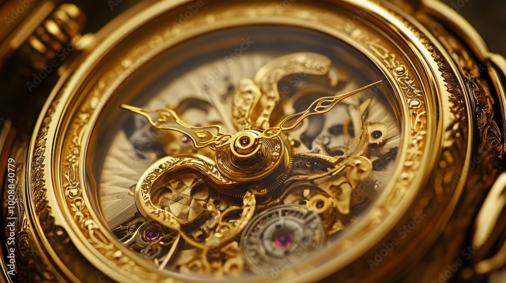 Intricate golden pocket watch with ornate design and visible mechanics. Intricate golden pocket watch with ornate design and visible mechanics.