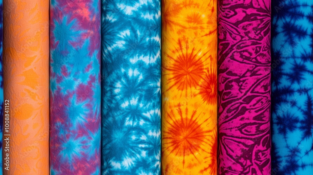 Colorful tie-dye fabrics displayed in vibrant patterns on rolls. Colorful tie-dye fabrics displayed in vibrant patterns on rolls.